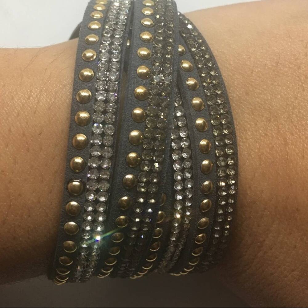 Mix Stud Slit Layer Wrap Bracelet - Charcoal